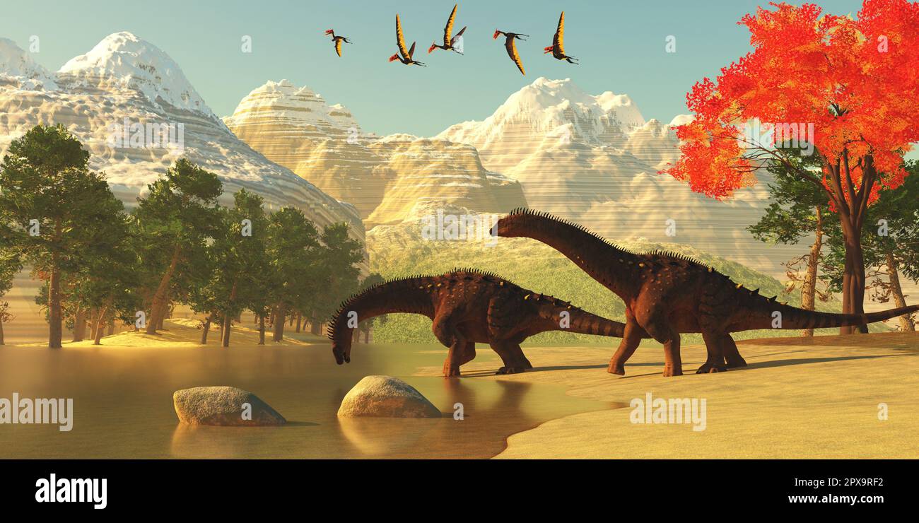 Un troupeau de ptérosaures de Dsungaripterus survole deux dinosaures d'Alamosaurus sauropode pour boire un verre d'eau. Banque D'Images