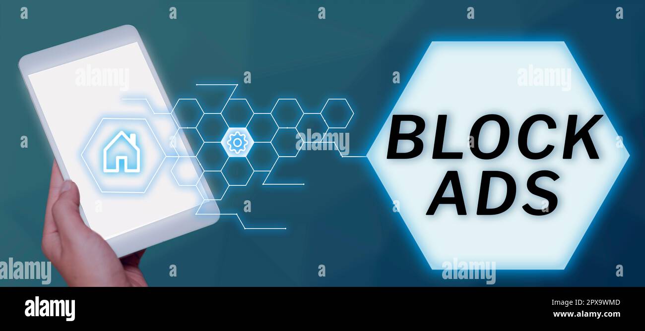 Affichage conceptuel Block Ads, Business Showcase programme qui supprimera différents types de publicité du Web Banque D'Images