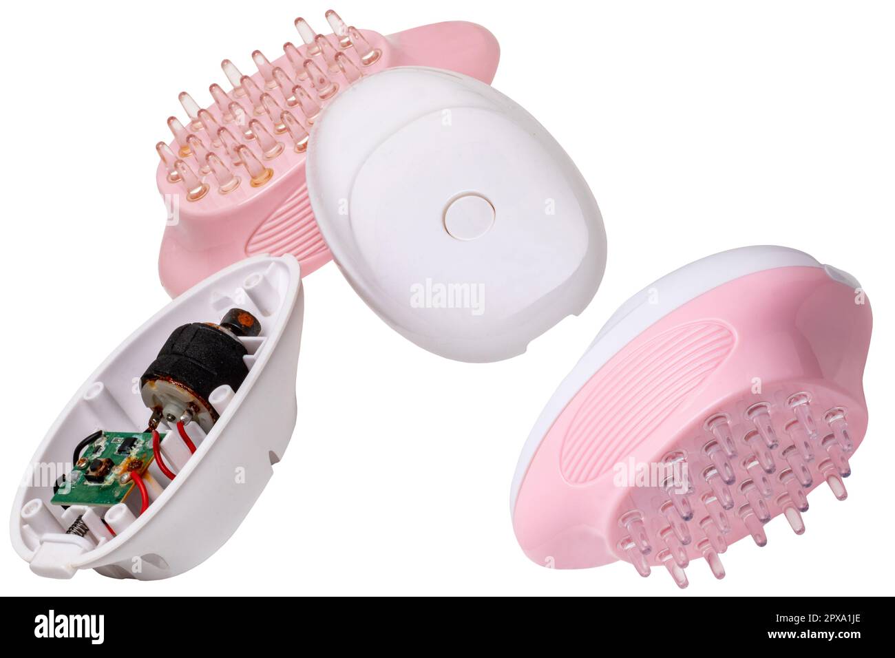 Une nouvelle brosse de massage du cuir chevelu à piles, une brosse à shampoing ou un masseur pour le cuir chevelu pour exfolier et masser le cuir chevelu et un ancien masseur endommagé ouvert. Banque D'Images Une nouvelle brosse de massage du cuir chevelu à piles, une brosse à shampoing ou un masseur pour le cuir chevelu pour exfolier et masser le cuir chevelu et un ancien masseur endommagé ouvert. Banque D'Images