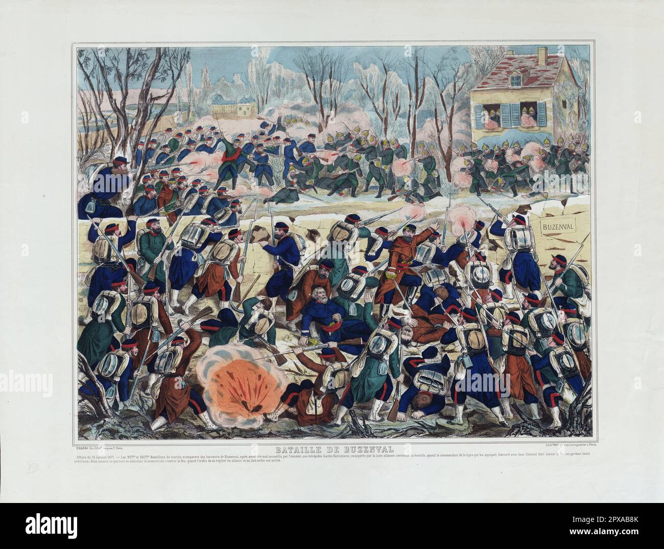 Gravure de la bataille de Buzenval : cas du 19 janvier 1871 la (deuxième) bataille de Buzenval, également connue sous le nom de bataille du Mont Valérien, faisait partie du siège de Paris pendant la guerre franco-prussienne. Le 19 janvier 1871, le lendemain de la proclamation de l'empereur allemand Guillaume I, Louis Jules Trochu a attaqué les Allemands à l'ouest de Paris dans le parc Buzenval. Les assaillants se sont emparés de la ville de Saint-Cloud, près du siège du nouvel empereur à Versailles. Trochu a pu maintenir sa position à St. Nuage pendant la plus grande partie de la journée, mais l'échec des autres forces françaises à tenir leurs positions l'a laissé Banque D'Images
