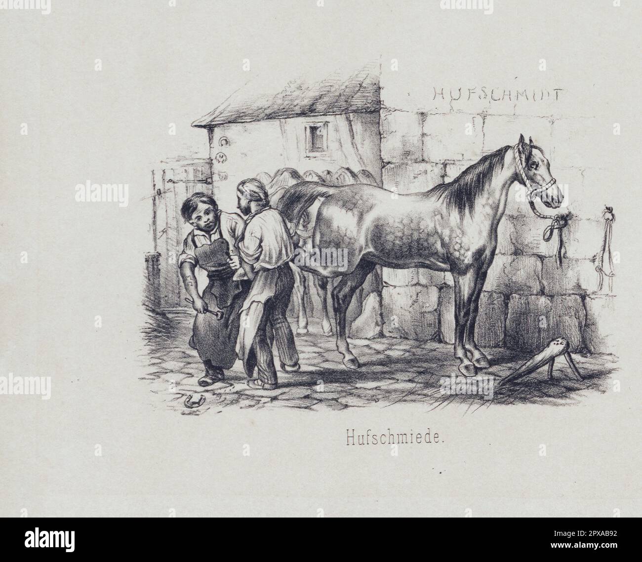 Gravure d'époque allemande de la vie rurale allemande : raquette à cheval, 1860 Banque D'Images