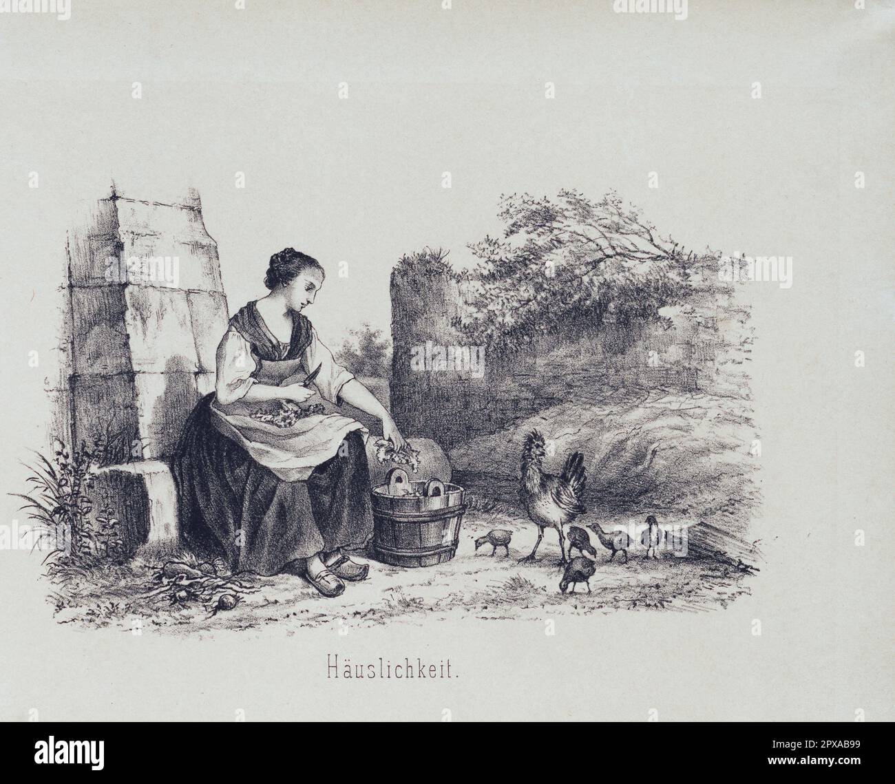 Gravure allemande d'époque : vie rurale, 1860 Banque D'Images