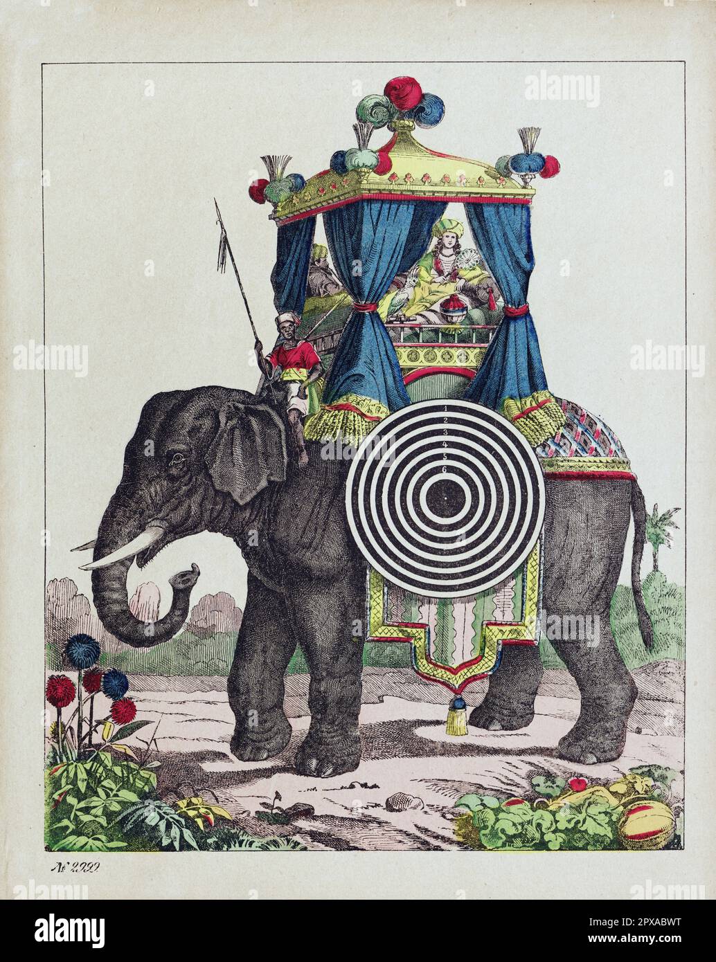 Lithographie de couleur représentant un éléphant avec une cible pour le tournage. 1855 Banque D'Images