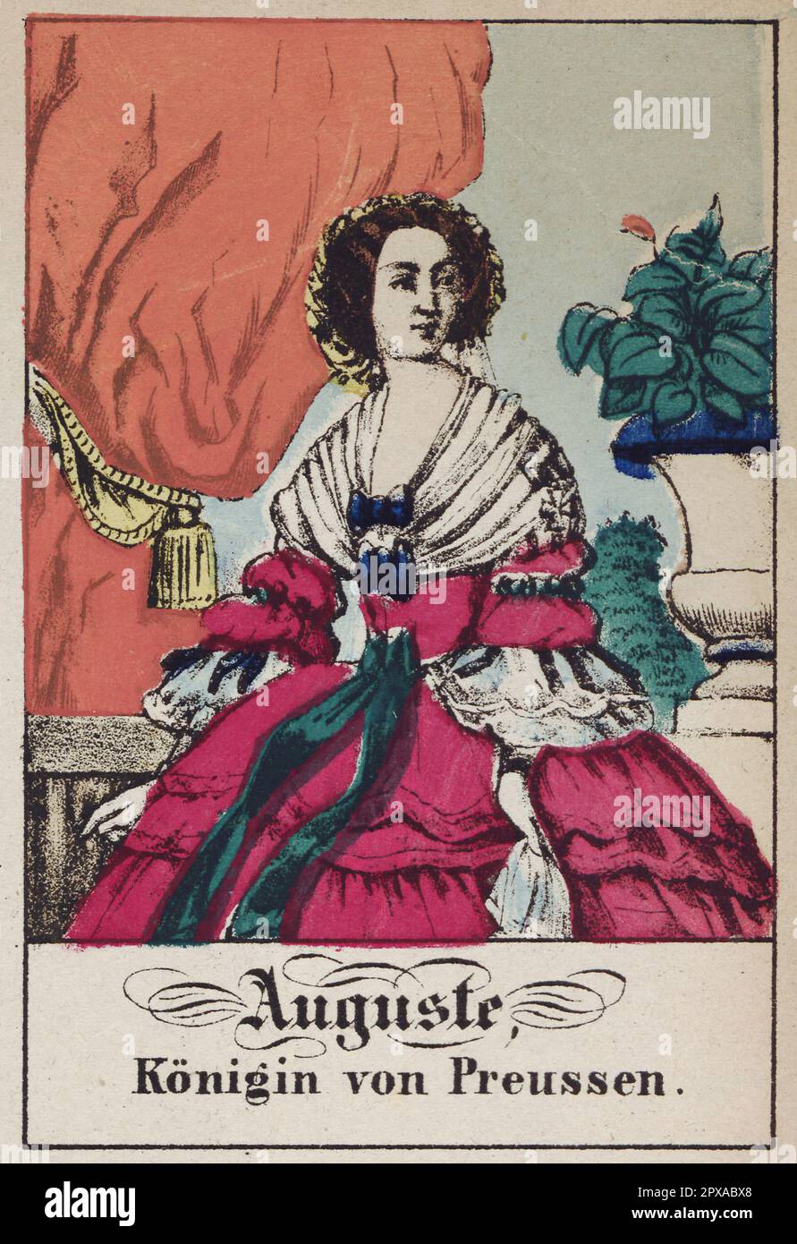 Сolor lithographie d'Augusta de Saxe-Weimar-Eisenach. 1861 Augusta de Saxe-Weimar-Eisenach (Augusta Marie Luise Katharina; 30 septembre 1811 – 7 janvier 1890) était reine de Prusse et la première impératrice allemande comme épouse de Guillaume I, empereur allemand. Banque D'Images