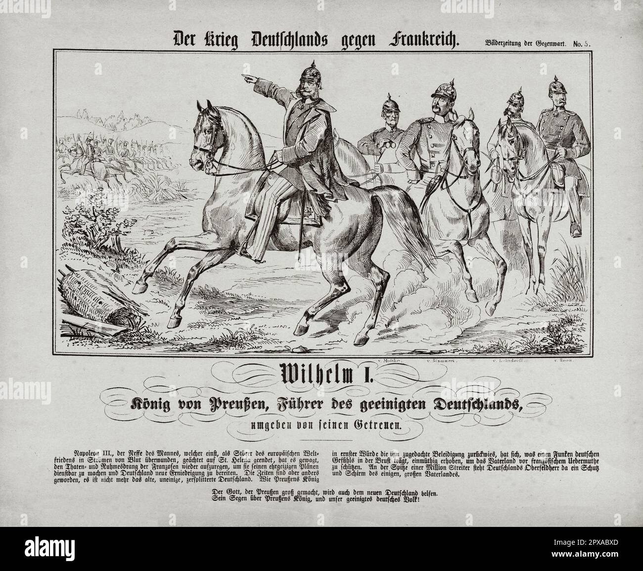 Gravure ancienne de Wilhelm I (période de la guerre franco-prussienne). 1870 Guillaume I ou Guillaume I (allemand : Wilhelm Friedrich Ludwig; 1797–1888) fut roi de Prusse du 2 janvier 1861 et empereur allemand du 18 janvier 1871 jusqu'à sa mort en 1888. Membre de la Maison de Hohenzollern, il a été le premier chef d'État d'une allemagne unie. Il était de facto chef de l'état de Prusse à partir de 1858, quand il devint régent pour son frère Frederick William IV, dont la mort trois ans plus tard le ferait roi. Banque D'Images