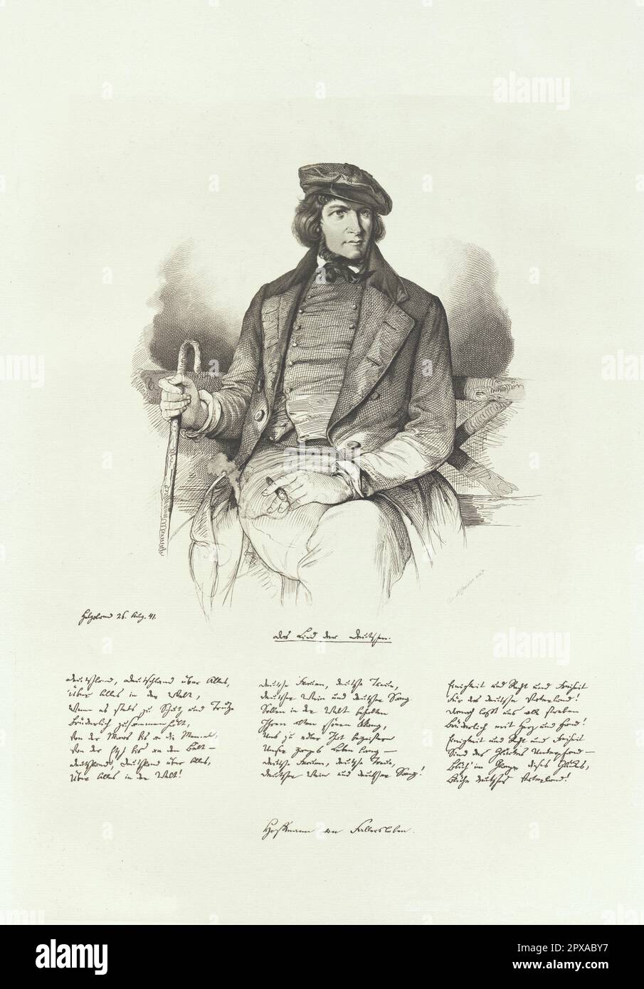 Portrait d'août Heinrich Hoffmann von Fallersleben et télécopie de la chanson des Allemands. 1914 août Heinrich Hoffmann s'appelant von Fallersleben, d'après sa ville natale; (1798-1874) était un poète allemand. Il est surtout connu pour avoir écrit « Das Lied der Deutschen », dont la troisième strophe est maintenant l'hymne national de l'Allemagne, et un certain nombre de chansons populaires pour enfants, considérées comme faisant partie du mouvement de la Jeune Allemagne. Banque D'Images