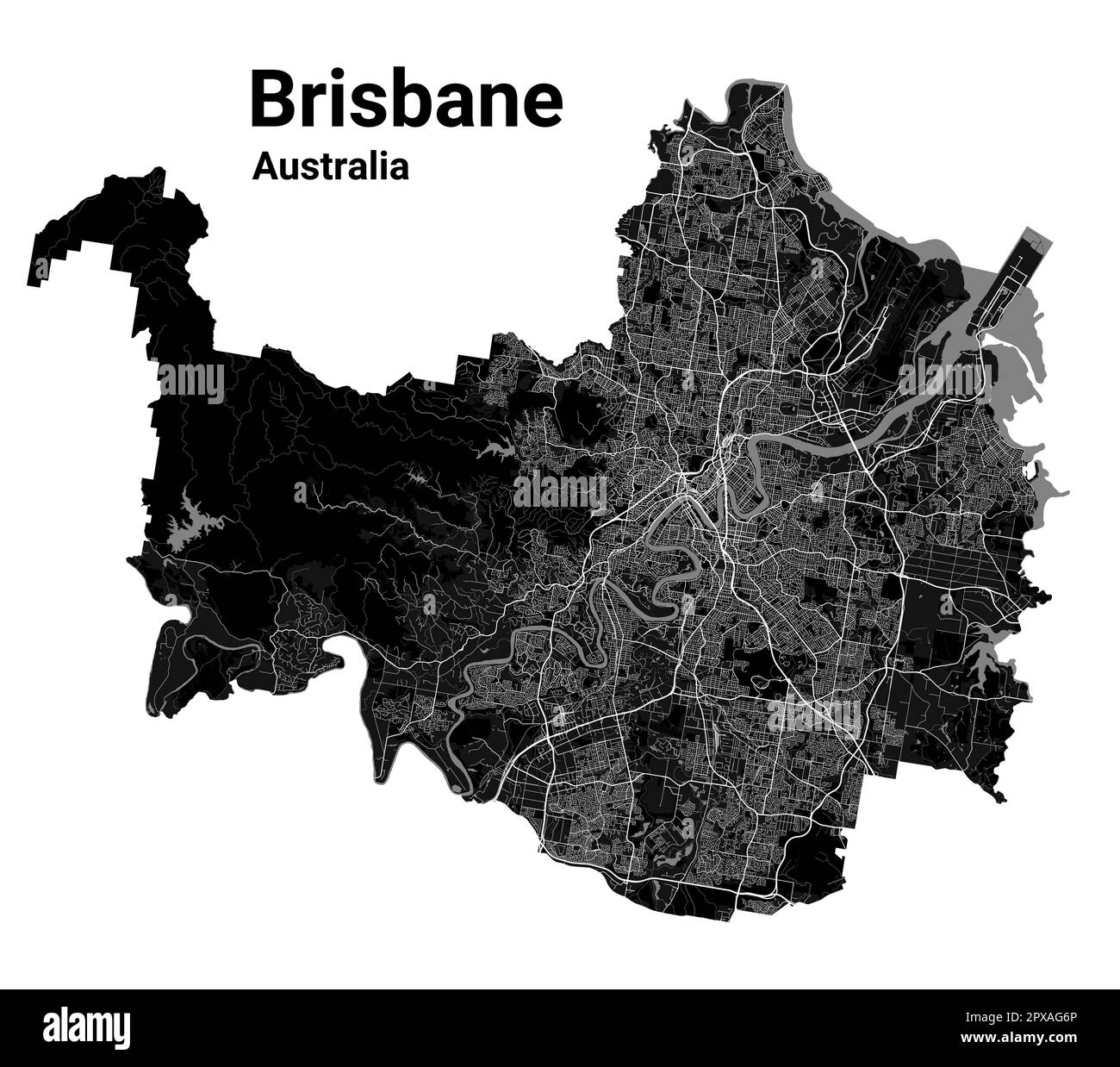 Carte de Brisbane. Carte vectorielle détaillée de la zone administrative de Brisbane. Vue sur l'aria métropolitain avec affiche CityScape. Terre sombre avec rues blanches, routes a Illustration de Vecteur