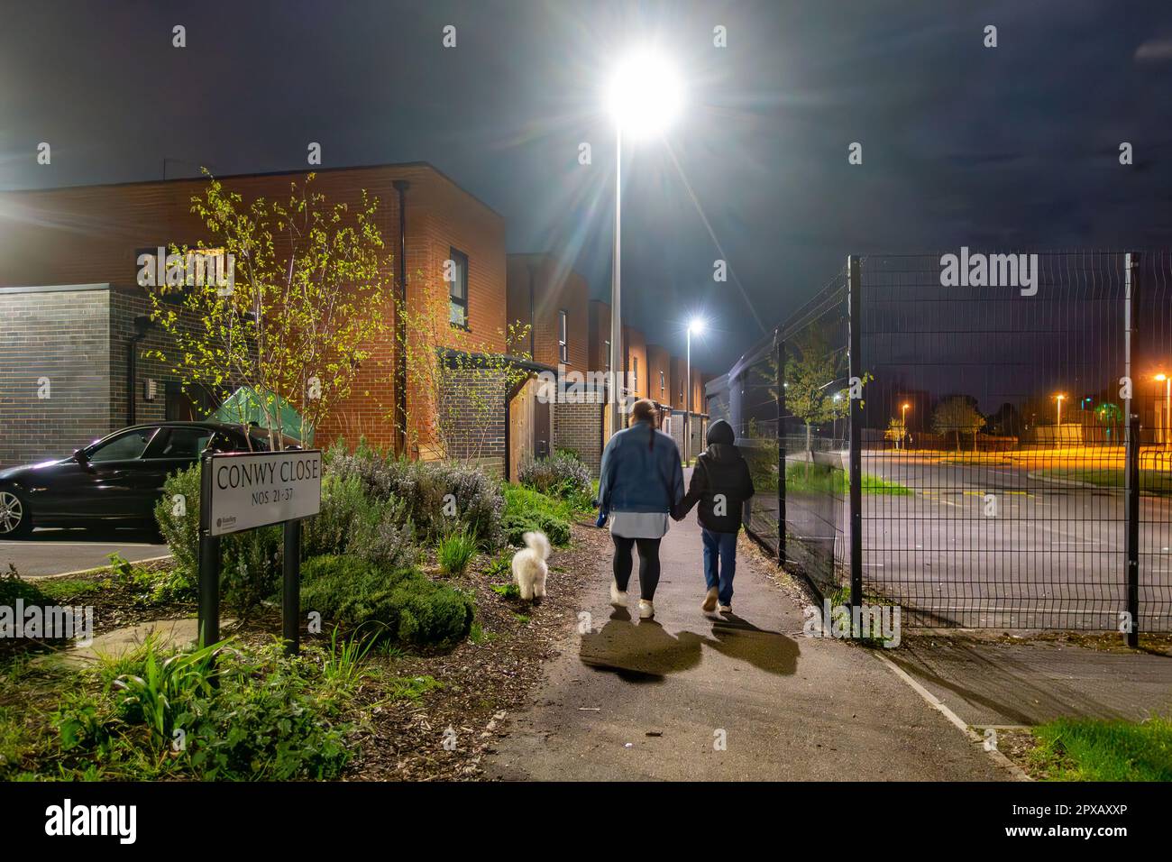 Une famille marche son chien tard dans la nuit, en marchant le long d'un sentier Banque D'Images