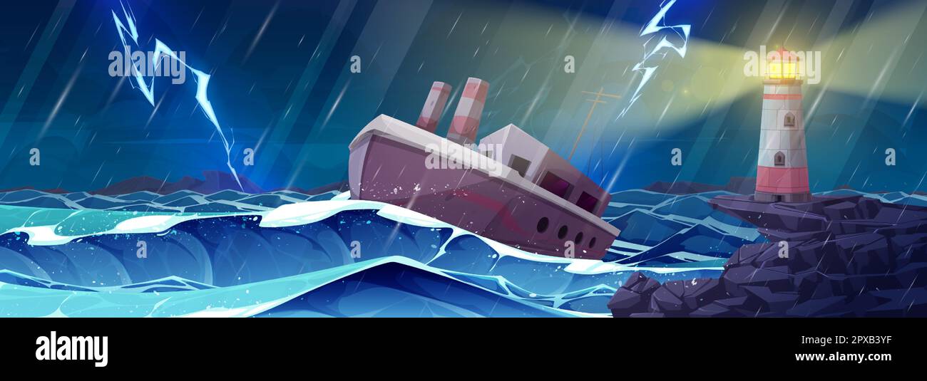 Bande dessinée orage mer avec phare à la nuit vecteur paysage illustration. Scène de danger avec navire dans l'océan pluvieux et orage. Navigation légère depuis le fond marin du gyrophare Illustration de Vecteur