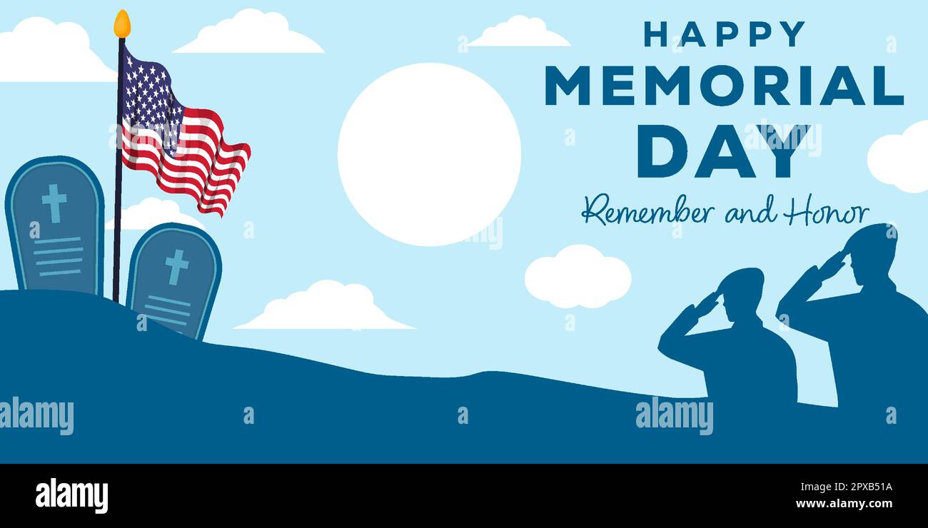 Joyeux jour commémoratif avec silhouette deux soldats rendent hommage à la tombe du héros et au drapeau américain Illustration de Vecteur