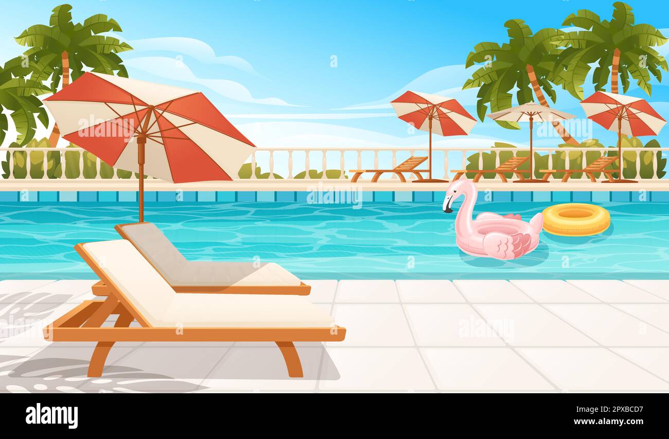 Piscine de l'hôtel ou du complexe extérieur chaise longue en bois parasol gonflable flamants roses et illustration du vecteur de balle Illustration de Vecteur