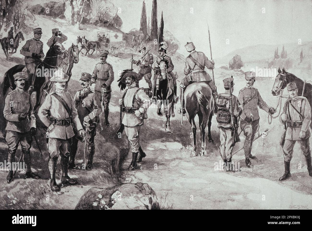 Première Guerre mondiale L'Italie en guerre. Types de l'armée italienne dans les nouveaux uniformes gris-vert de terrain. 1. Capitaine de l'artillerie de campagne. 2. Major général 3. Soldat de l'artillerie de montagne 4. Sergent de l'artillerie de campagne. 5 Lieutenant d'infanterie. 6. Caporal des Bersaglieri. 7. Alpini 8. Dragoons 9. Lanciers 10. Fantassin 11. Lieutenant de la cavalerie 12. Sappeur Banque D'Images