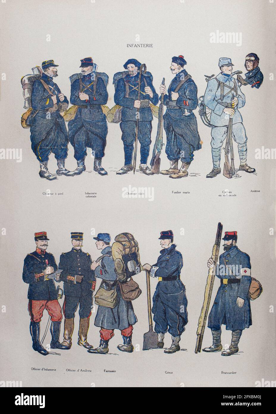 Première Guerre mondiale Armée française. Infanterie. En haut, de gauche à droite : pied huntsman (Jäger). Infanterie coloniale. Chasseur alpin. Rifleman marin. Cycliste en embuscade. Aviateur. En bas, de gauche à droite : officier d'infanterie. Officier d'artillerie. Fantassin. Ingénieur militaire. Brancard (paramédical). Banque D'Images
