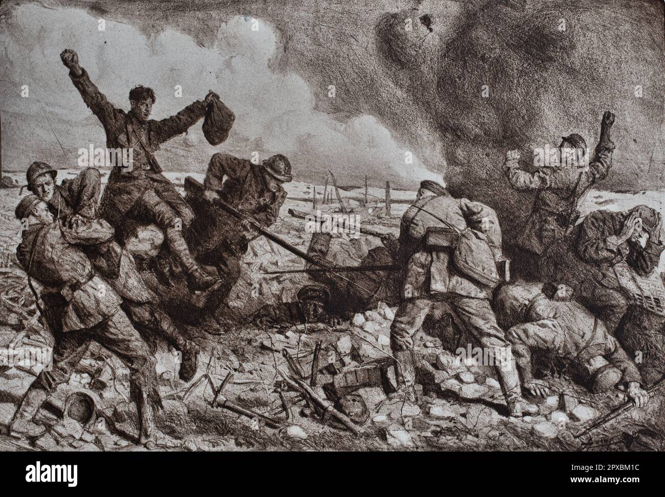 Première Guerre mondiale La France en guerre. L'infanterie française attaque de main en main sur des positions allemandes. Par L. Jonas Banque D'Images