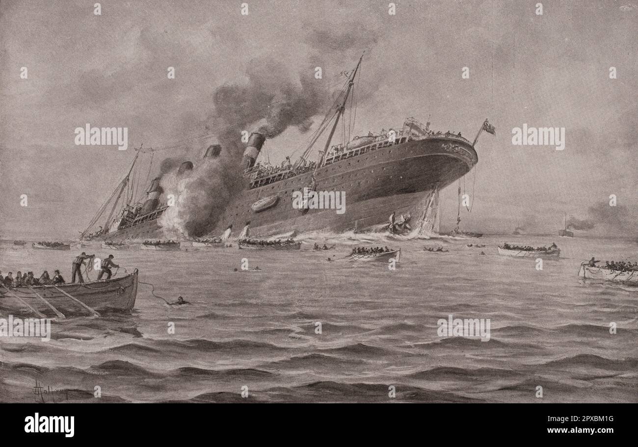 Première Guerre mondiale Torpille de la Lusitania. Le RMS Lusitania était un paquebot britannique qui a été torpillé par un U-boat de la Marine impériale allemande pendant la première Guerre mondiale le 7 mai 1915, à environ 11 milles marins (20 kilomètres) de la vieille tête de Kinsale, en Irlande. 761 personnes ont survécu sur les 1 266 passagers et 696 membres d'équipage à bord, et 123 des victimes étaient des citoyens américains. Banque D'Images