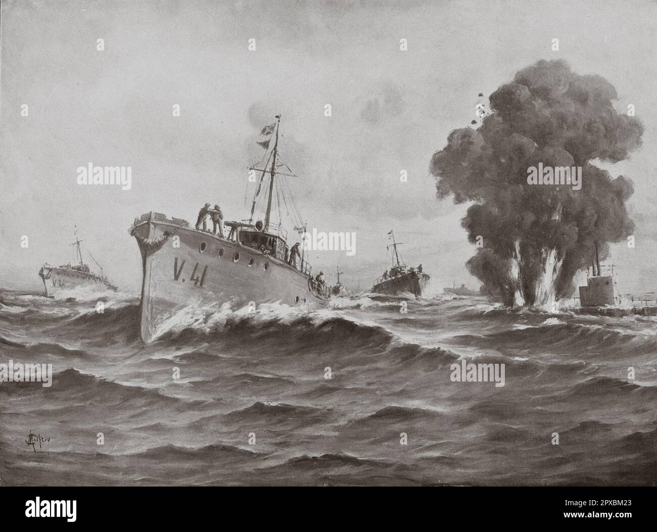 Guerre du carcajou I. La guerre en mer. Bateaux torpilles qui couperent un sous-marin à la Grenade. Par G. Malfroy Banque D'Images