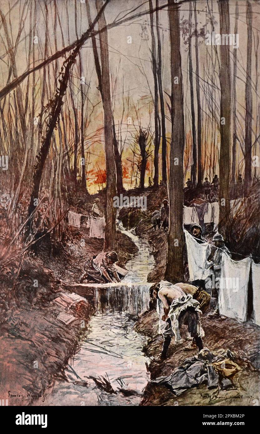 Première Guerre mondiale L'offensive française d'avril-mai 1917. Par François Flameng dans le bois de Roucy (Aisne): les toilettes du soldat, sur 15 avril, la veille de la bataille. Banque D'Images