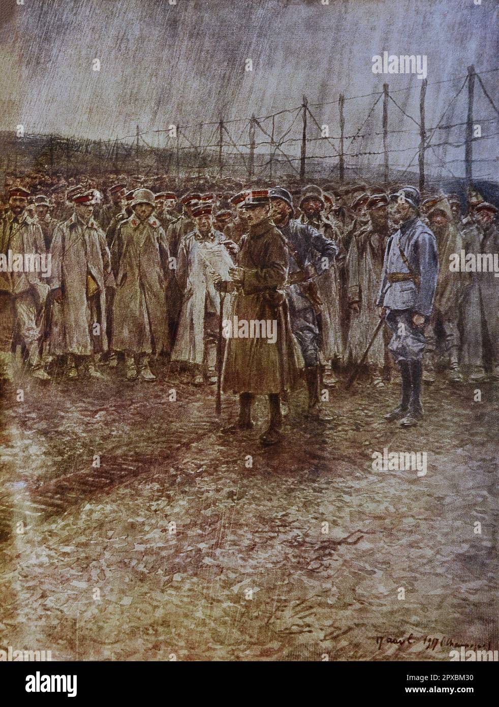 Première Guerre mondiale Arrivée de prisonniers allemands, à 17 avril 1917, au camp temporaire de Savigny (Marne). Partie de l'illustration de François Flameng. Banque D'Images
