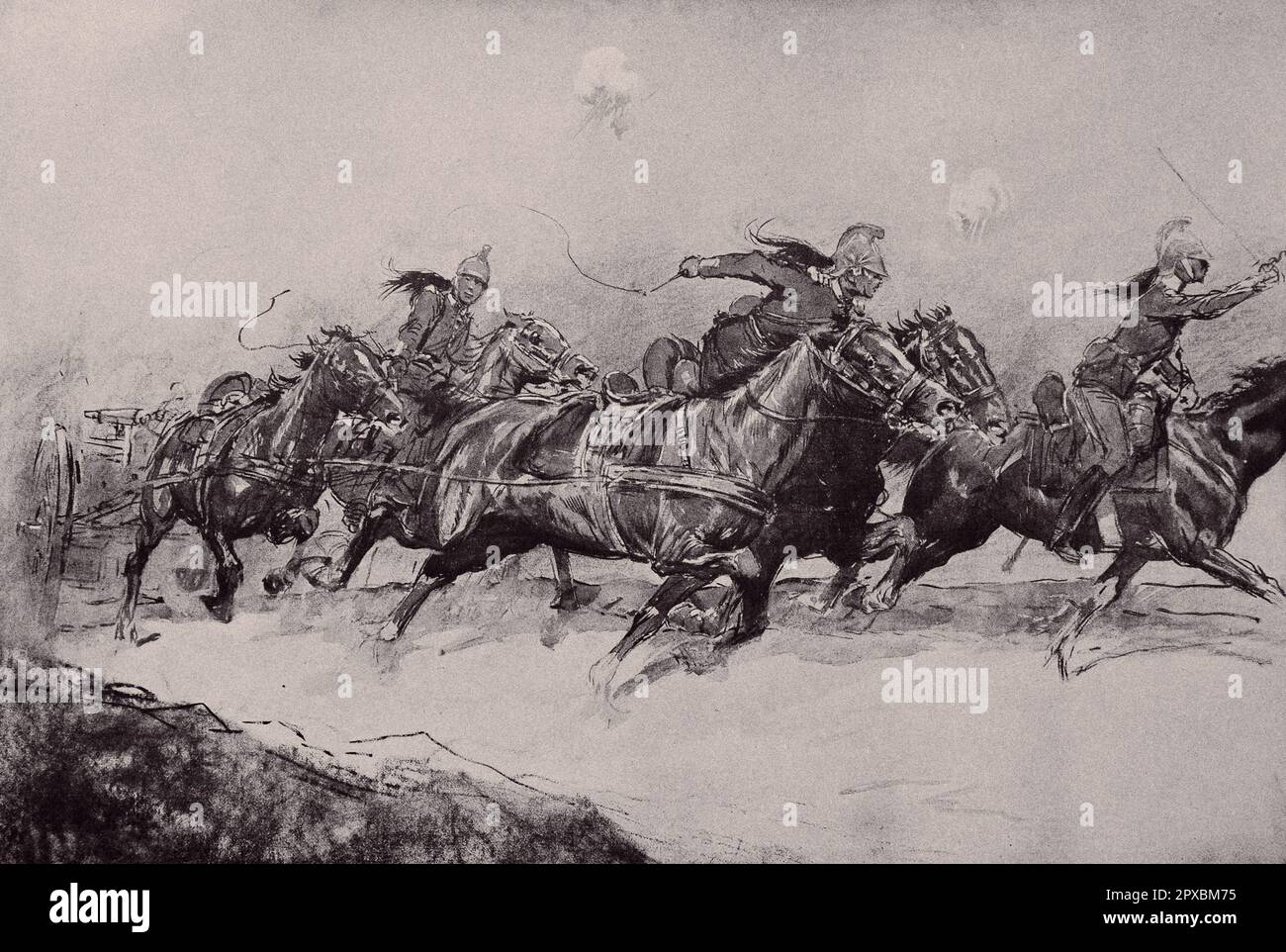 Première Guerre mondiale La France en guerre. Sous le feu! 1914. Par Georges Scott. Une section de mitrailleuses de dragon prend une position galopante sous les éclats de shrapnel. Un peu plus tard, avec une belle indifférence pour les règles élémentaires de la probité, la presse illustrée allemande saisit ce dessin publié dans l'illustration de 31 octobre 1914. Par un simple changement de texte, elle en fera une folle évasion. Processus de propagande facile! Banque D'Images