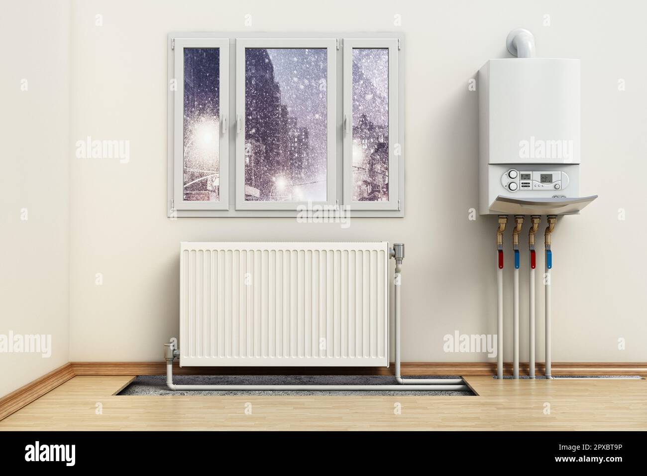 Chaudière Combi sur le mur de la maison, à côté du radiateur de chauffage.  Installation visible des tubes de chauffage. 3D illustration Photo Stock -  Alamy