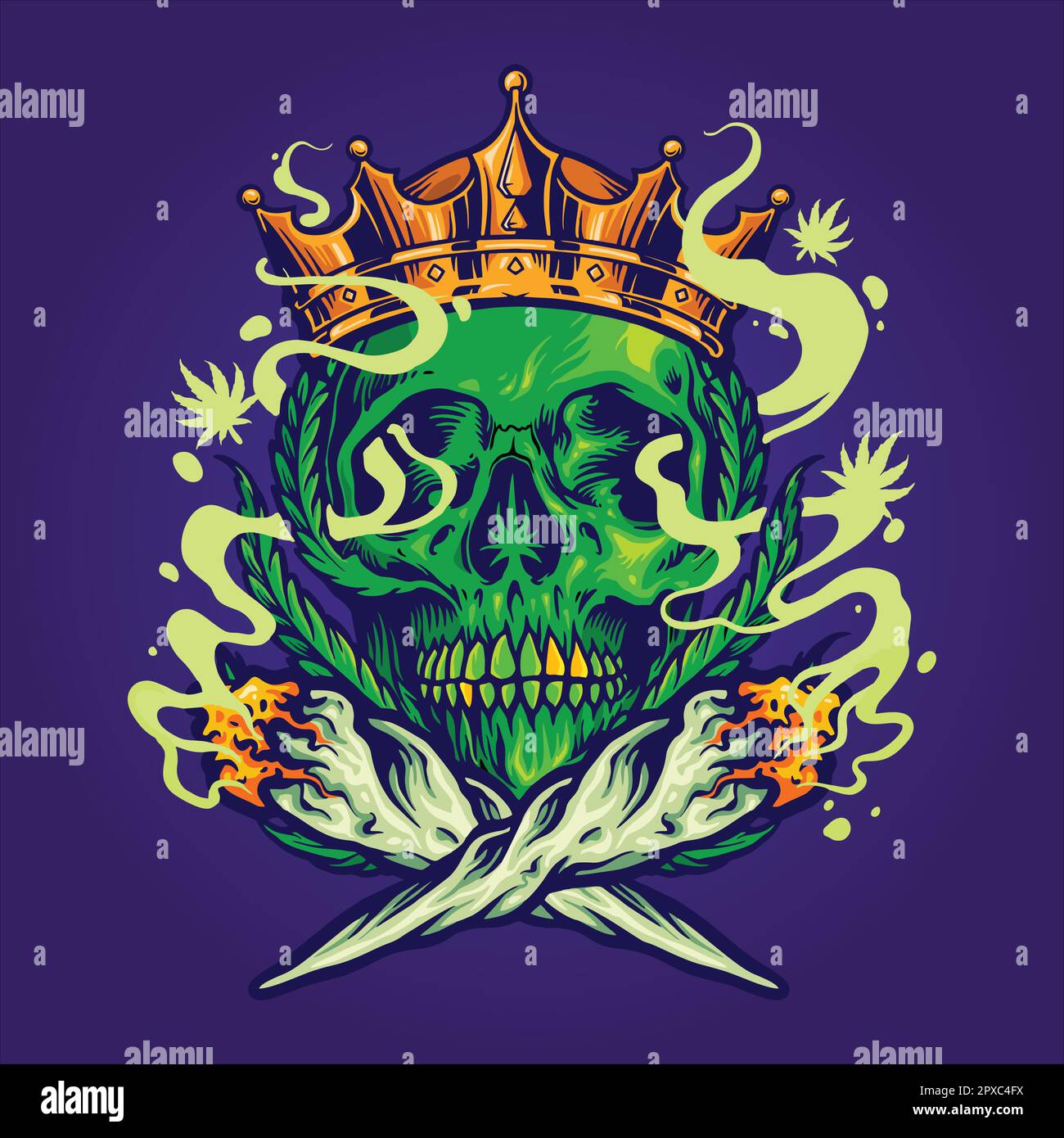 Crâne humain portant la couronne royale fumant marijuana joint illustrations vecteur pour votre travail logo, t-shirt de marchandise, autocollants et dessins d'étiquette, poste Illustration de Vecteur