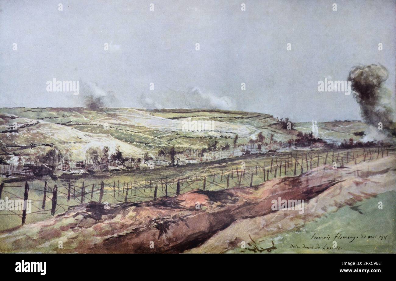 Première Guerre mondiale La France en guerre. Notre-Dame-de-Lorette et Ablain-Saint-Nazaire pendant l'attentat. Par François Flameng Banque D'Images