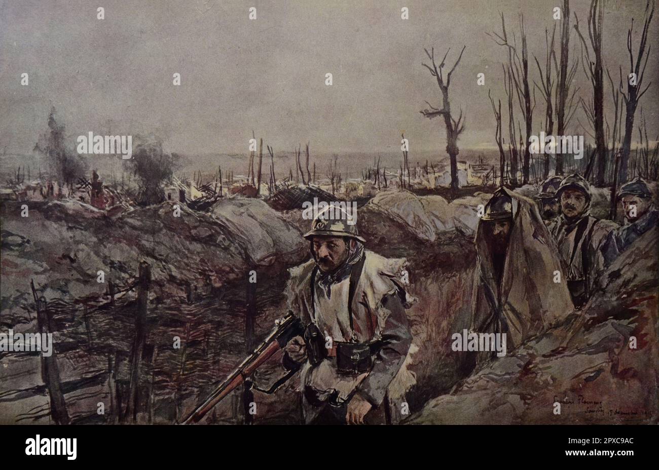 Première Guerre mondiale Tranchées françaises dans le village de Souchez. 1915. Par François Flameng. Banque D'Images