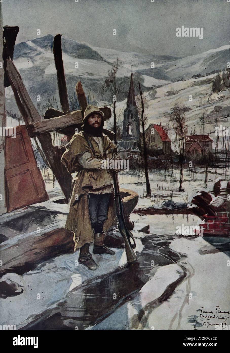 Première Guerre mondiale La France en guerre. En Alsace. Dans Metzeral (janvier 1916). Par François Flameng Banque D'Images