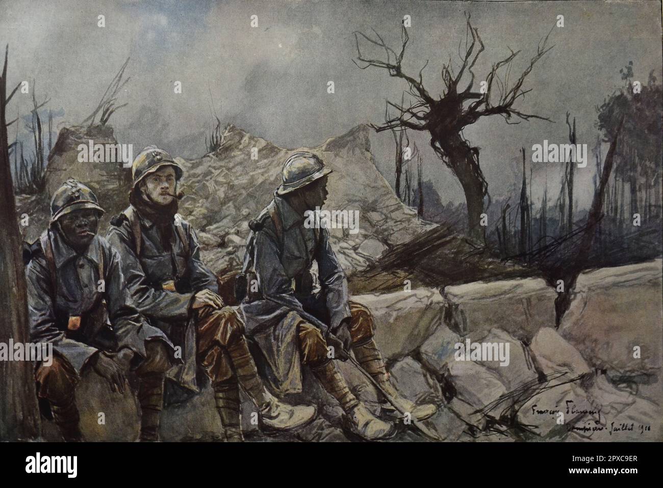 Première Guerre mondiale La France en guerre. Soldats français sur les ruines de l'église de Dompierre. 1916. Par François Flameng Banque D'Images