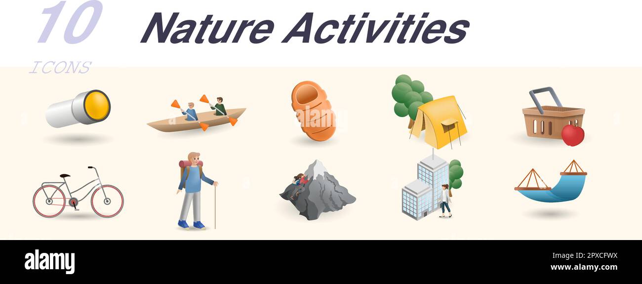 Activités nature. Icônes créatives : lampe de poche, chanoine d'aviron, sac de couchage, tente, picknick, promenade en vélo, randonnée, escalade, promenade en ville, hamac. Illustration de Vecteur