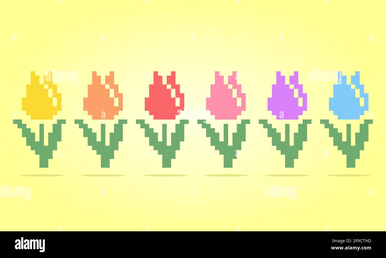 8 bit pixel fleur de tulipe. Ensemble de fleurs pour les motifs de point de croix, dans les illustrations vectorielles. Illustration de Vecteur
