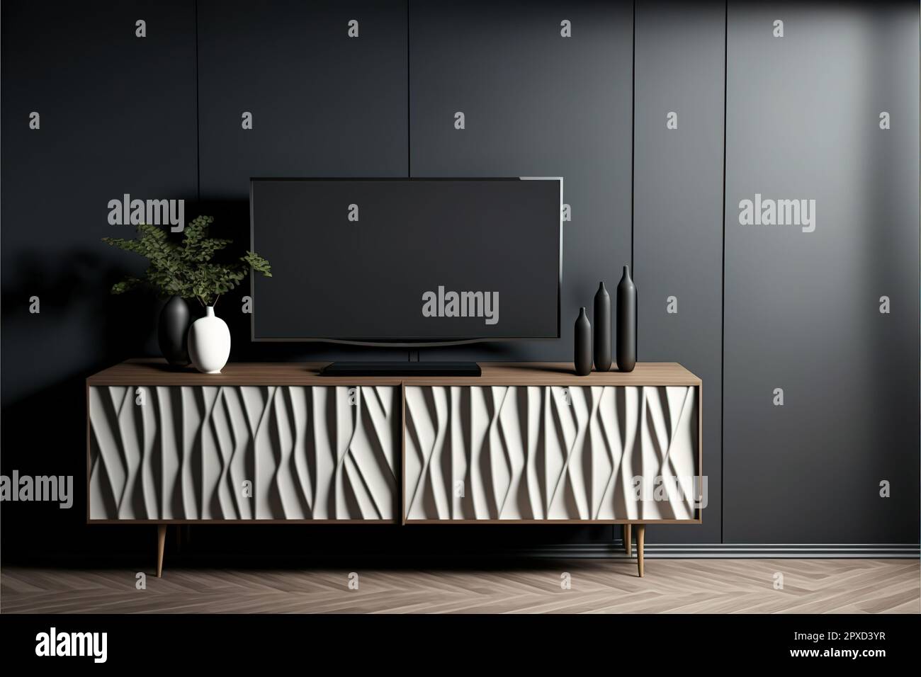 Meuble TV dans une pièce vide moderne, mur sombre. Banque D'Images