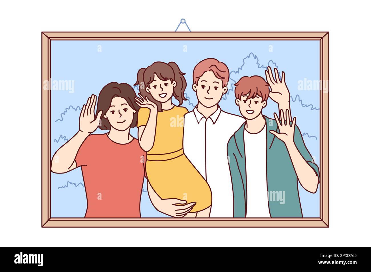 Une famille heureuse d'homme et de femme avec des enfants est représentée en portrait dans un cadre en bois suspendu au mur. Garçon et fille joyeux avec les parents pose Banque D'Images