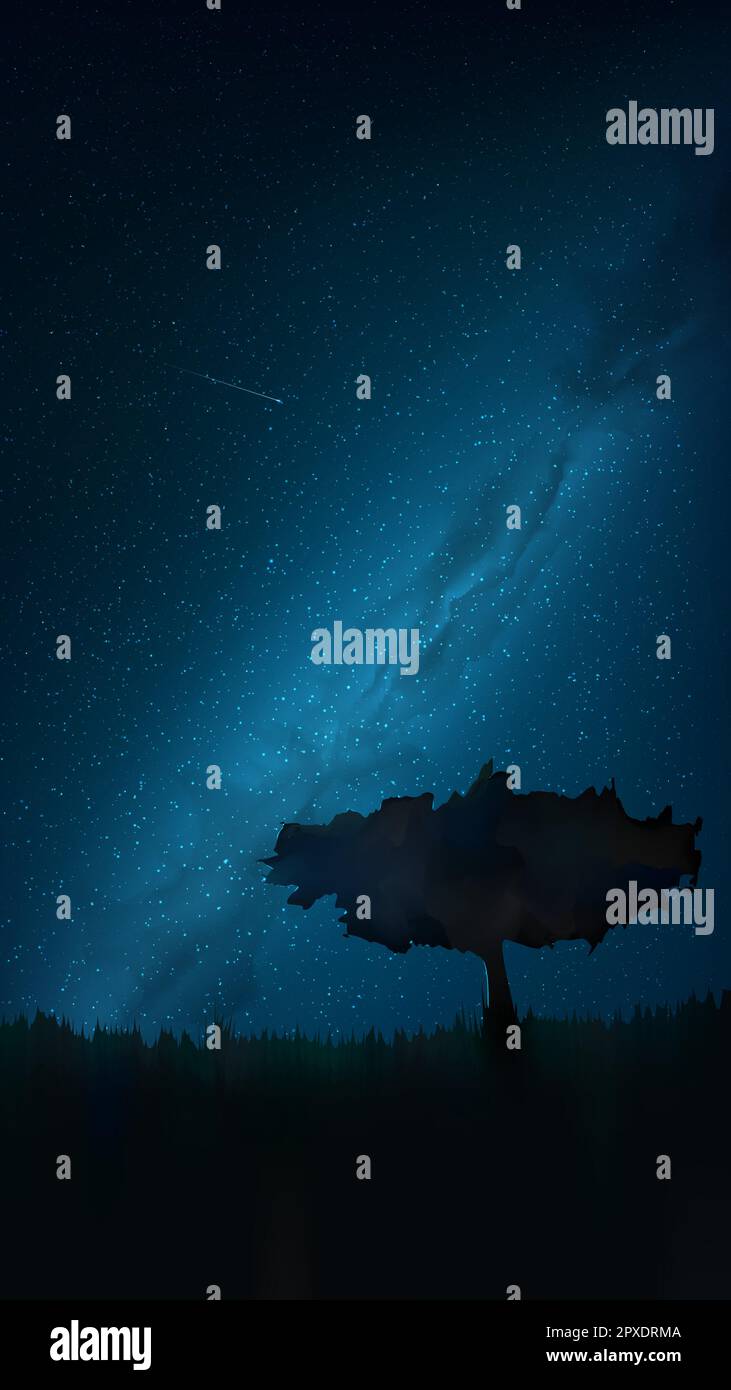 Ciel étoilé éclatant de nuit, arbre solitaire dans la prairie. Fond d'espace bleu foncé avec étoiles, galaxie, voie laiteuse, nébuleuse, météore. Nuit Starlight Illustration de Vecteur