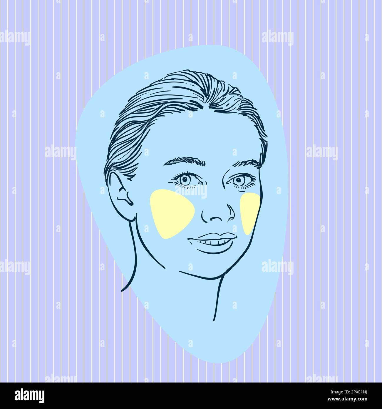 Dessin de jolie tête de femme avec joues jaunes sur bleu abstrait forme profilée sur violet carré rayé, dessin à la main illustration vectorielle Illustration de Vecteur