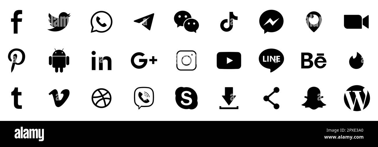 Vinnytsia, Ukraine - 1 mai 2023. Ensemble des icônes de réseaux sociaux les plus populaires : Facebook, Instagram, WhatsApp, YouTube, Telegram, Viber, Pinterest, Skype, S. Illustration de Vecteur