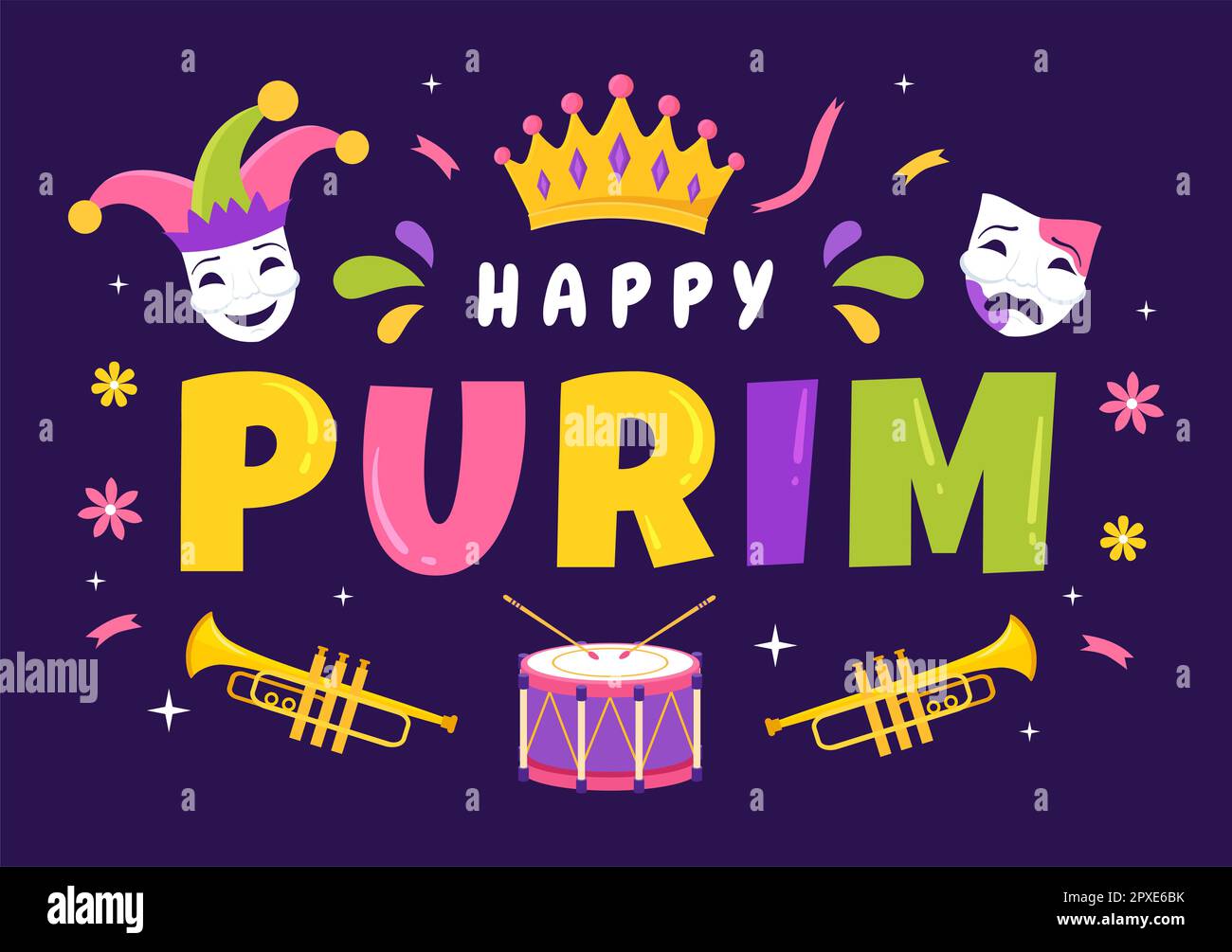 Happy Purim Illustration avec masques de Carnival, fêtes juives et Funfair en dessin à la main pour bannière Web ou modèles de page d'arrivée Banque D'Images