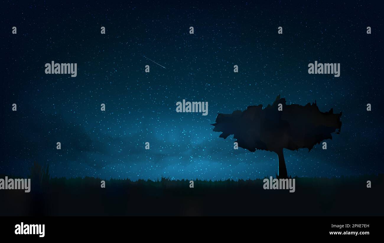 Ciel étoilé éclatant de nuit, arbre solitaire dans la prairie. Arrière-plan d'espace bleu foncé avec étoiles, nébuleuse, météore. Nuit Starlight dans la nature, cosmos. Vecteur Illustration de Vecteur