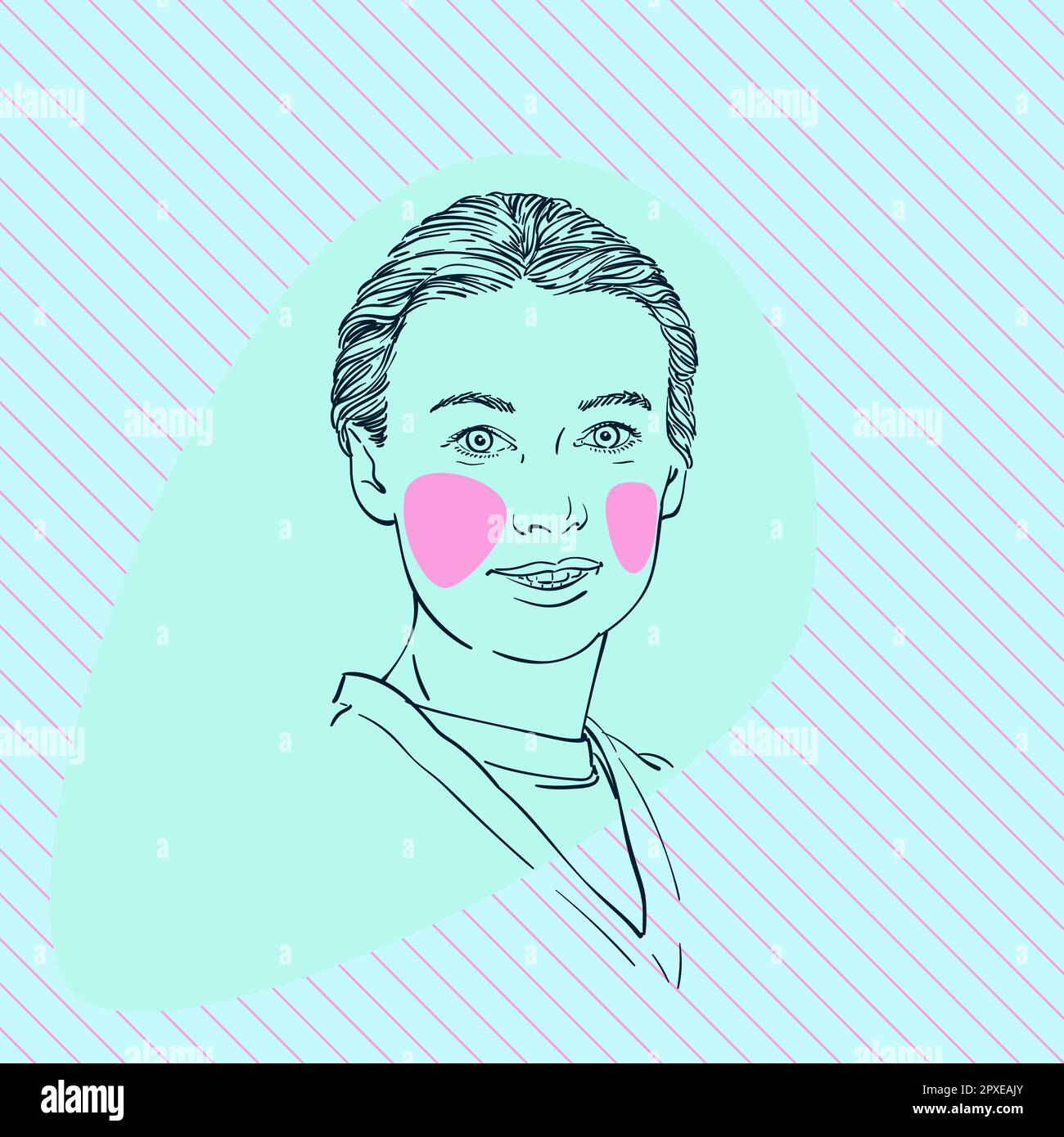 Portrait de jeune femme avec cheveux peignés et encolure en V avec joues pourpres sur Aqua menthe couleur abstraite forme profilée sur la diagonale des rayures Illustration de Vecteur