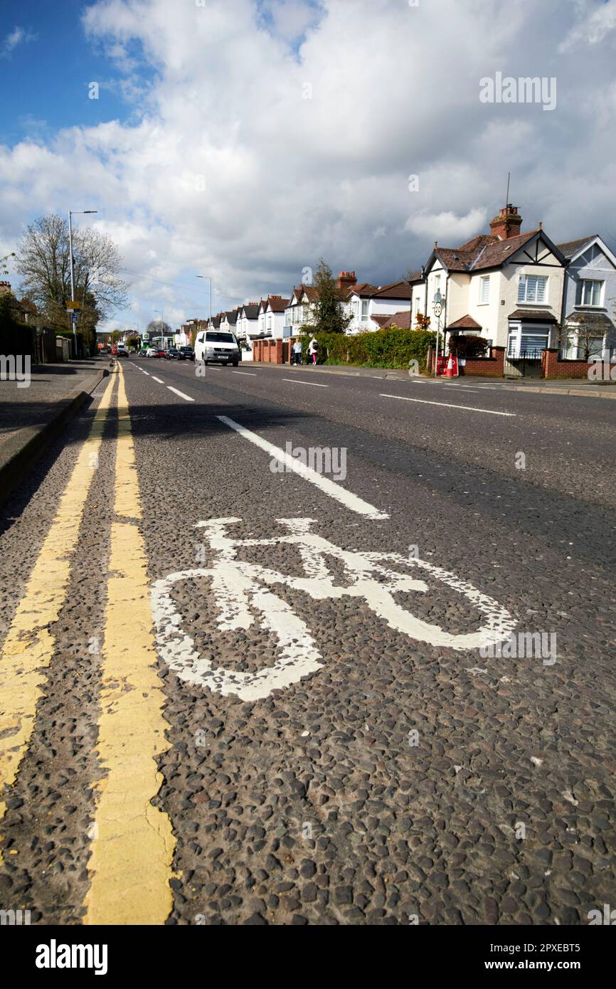 piste cyclable et lignes jaunes doubles sur la route supérieure de lisburn, au sud de belfast, dans le nord de l'irlande, au royaume-uni Banque D'Images