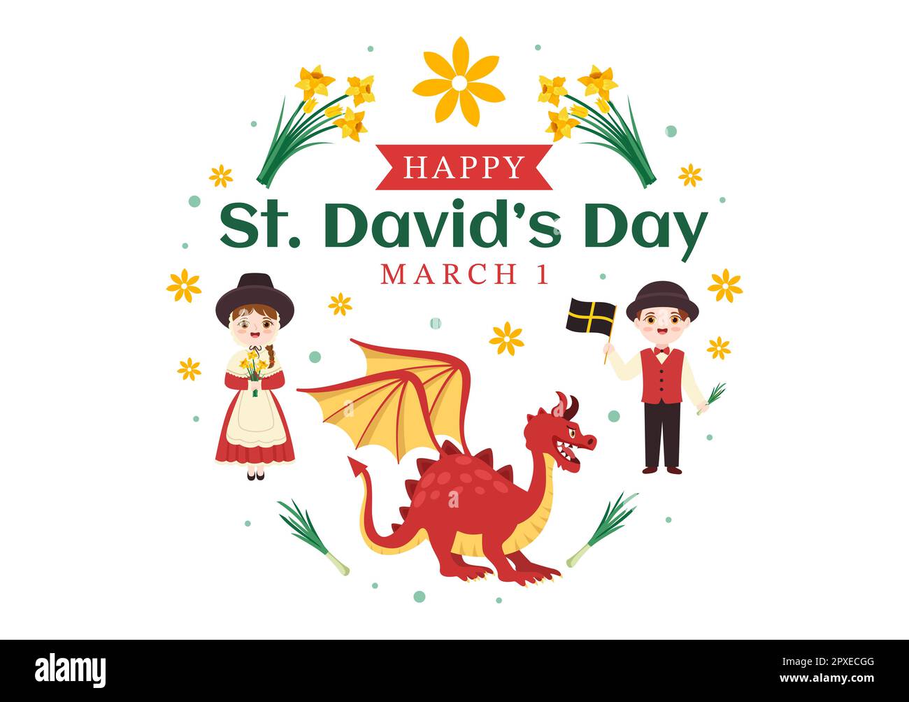 Bonne Saint-David sur l'illustration 1 mars avec robe gallois pour enfants, dragons et jonquilles jaunes en dessin main pour les modèles de page d'arrivée Banque D'Images