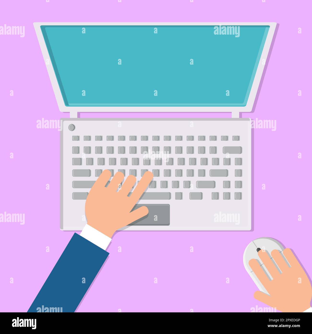 Illustration vectorielle d'un homme travaillant avec ses mains sur un ordinateur portable avec une souris et un clavier sur un fond rose, vue de dessus, plat. Concept : Illustration de Vecteur