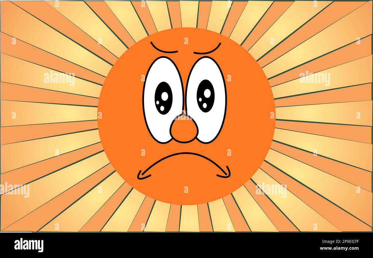 Émotive orange rond colère triste visage emoji sur un fond de rayons jaunes abstraits. Illustration vectorielle. Illustration de Vecteur