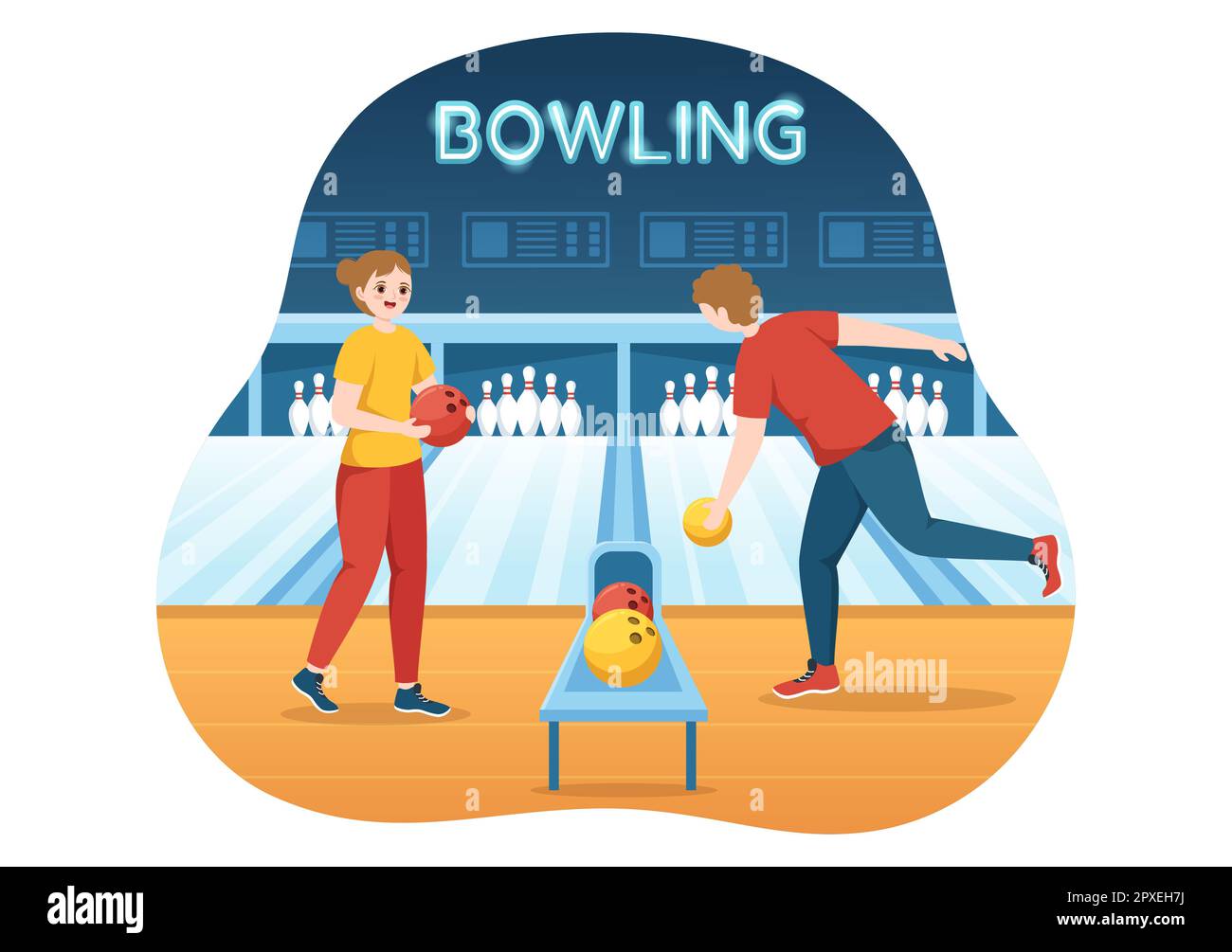 Illustration du jeu de bowling avec des épingles, des balles et des tableaux de bord dans un club de sport pour bannière Web ou page d'arrivée dans des modèles de dessin à la main de dessin animé à plat Banque D'Images