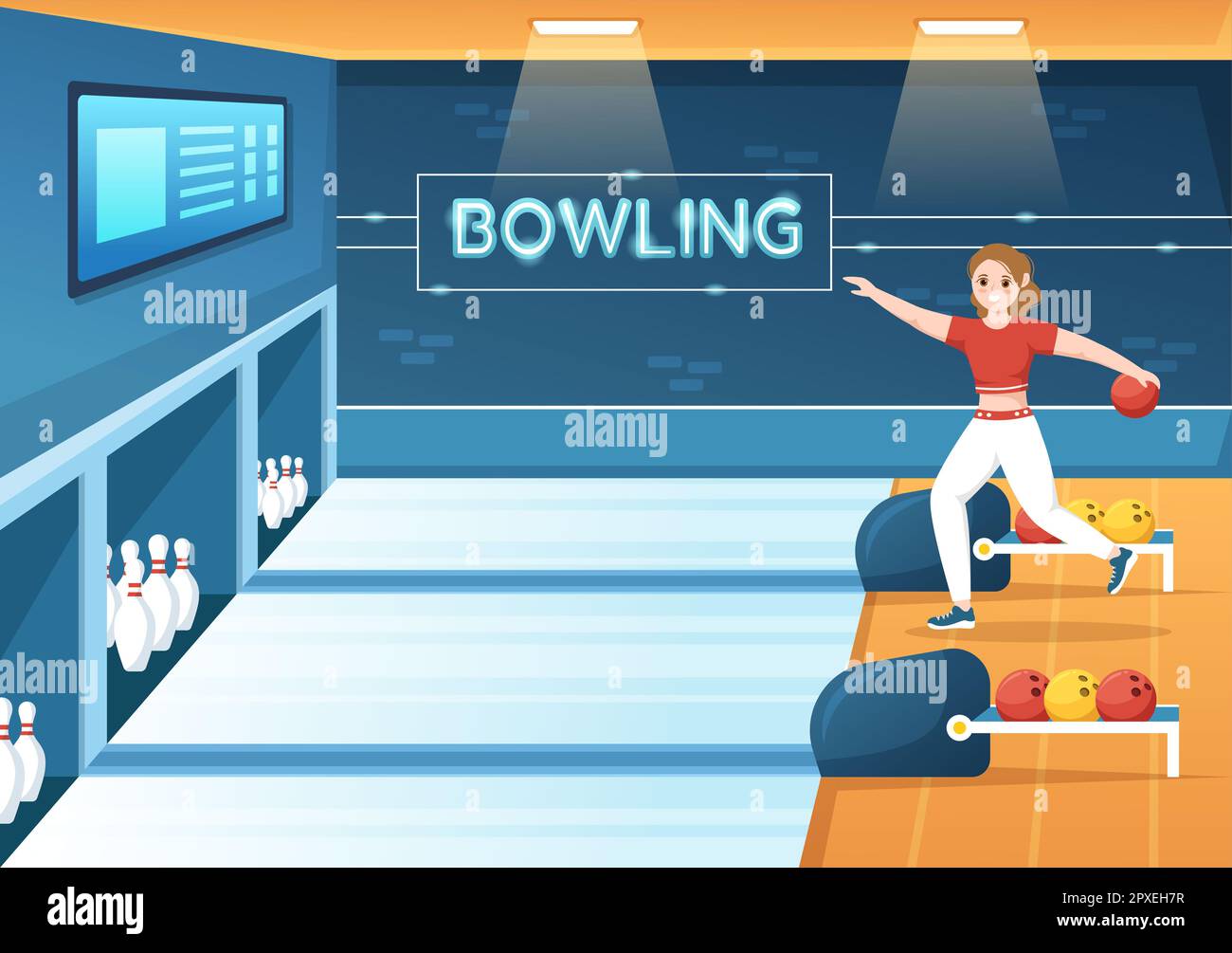 Illustration du jeu de bowling avec des épingles, des balles et des tableaux de bord dans un club de sport pour bannière Web ou page d'arrivée dans des modèles de dessin à la main de dessin animé à plat Banque D'Images
