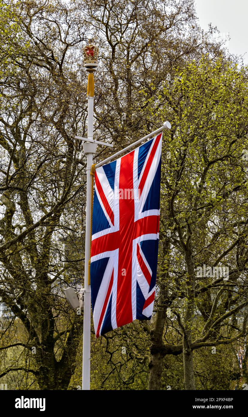 30th avril 2023 drapeau national Union Jack le long du Mall, Londres UK, un des drapeaux du commonwealth préparation pour le couronnement du roi Charles III Banque D'Images