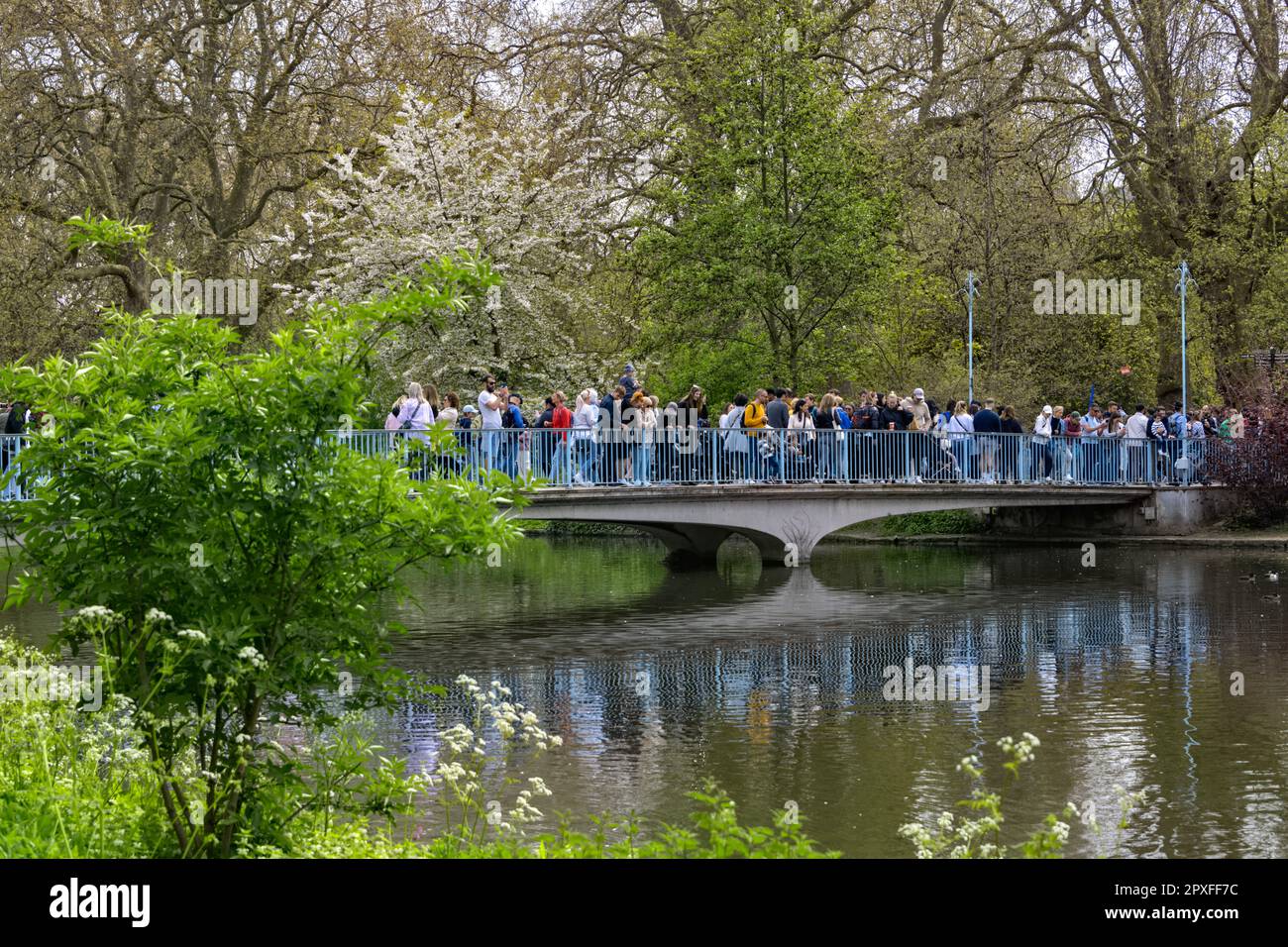 Les personnes se trouvant sur le pont à St. James's Park, Londres, Royaume-Uni une semaine avant le couronnement du roi Charles III Banque D'Images