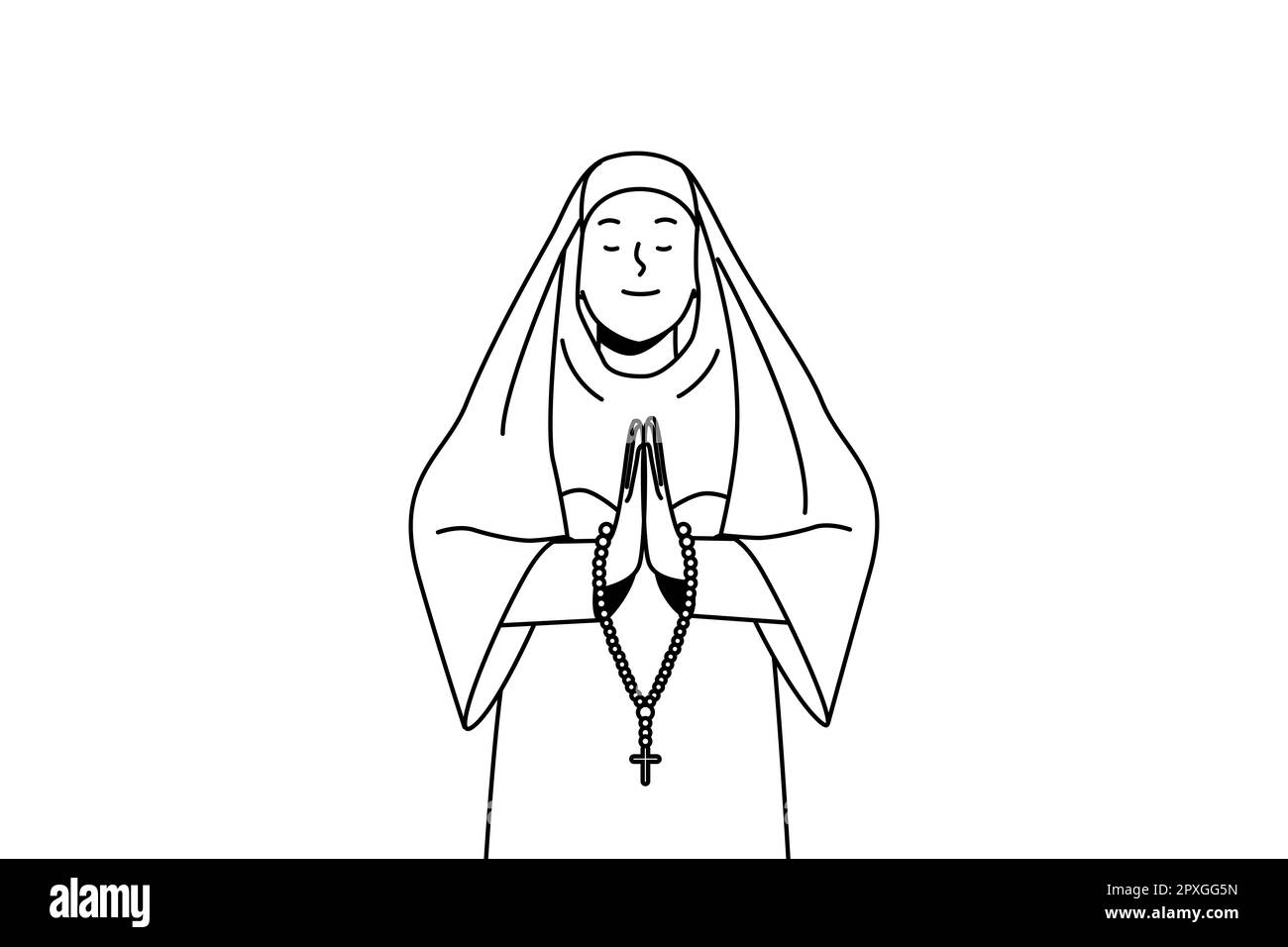Calme nonne dans les vêtements traditionnels en prière. Soeur de l'Église avec le rosaire parler à Dieu. Concept de religion et de foi. Illustration vectorielle. Banque D'Images