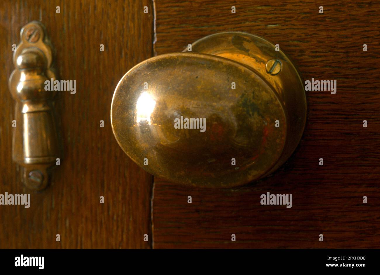 Gros plan du bouton de porte en laiton et du couvercle de trou de serrure sur la porte en bois Banque D'Images