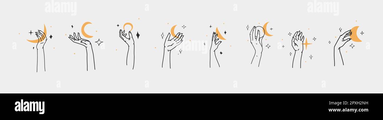 Dessin à la main vecteur résumé contour, graphique, jeu de ligne magie main humaine avec la lune et le logo d'étoile dans le style moderne minimaliste.Lune et le contour de signe d'étoile Illustration de Vecteur